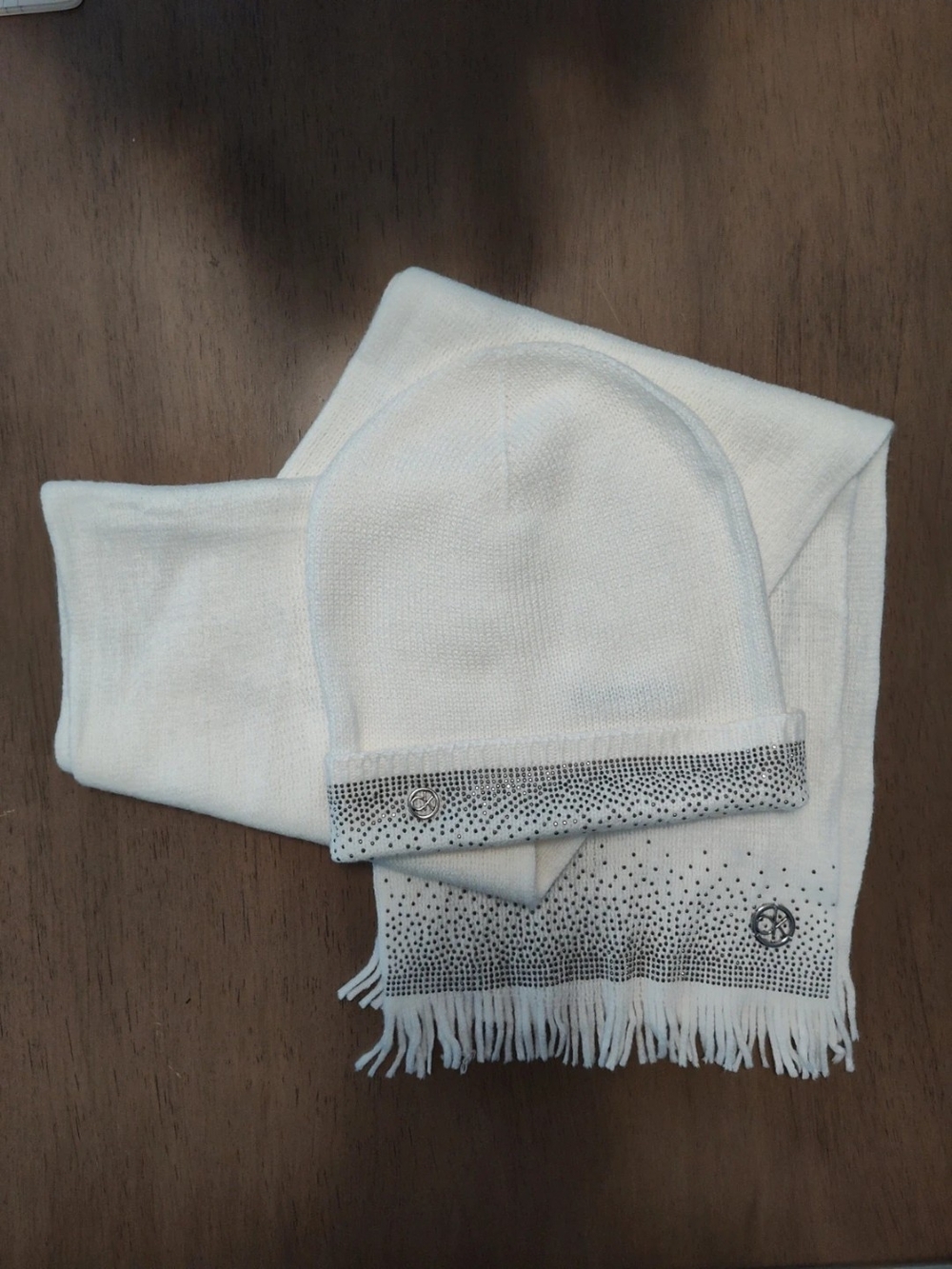 Calvin Klein White Knit Hat and Scarf Set with Stud Detail